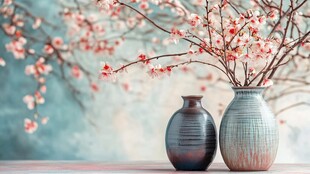 双花瓶插枝营造春日氛围