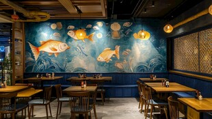 日式餐厅内景 锦鲤主题墙饰