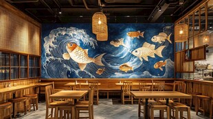 日式餐厅内的锦鲤海浪壁画