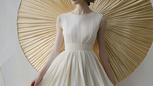 白色纱裙女子与扇形背景