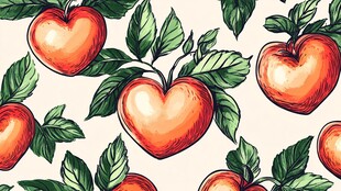 手绘爱心苹果绿叶图案