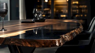 独特实木树脂餐桌与酒杯