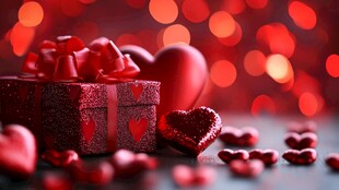 浪漫红礼盒与爱心装饰