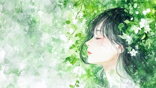 少女置身绿意繁花间
