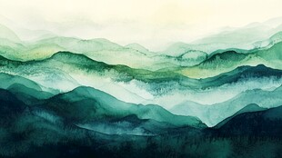 水墨风青绿山峦意境画