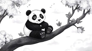 熊猫惬意坐枝头赏景