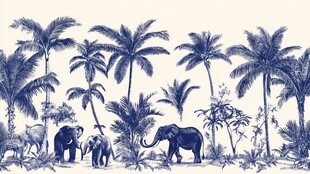 蓝白热带风光中的象与棕榈树