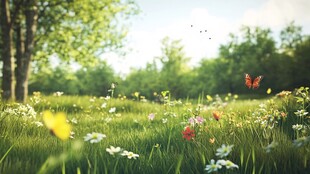 春日草地花丛蝴蝶美景