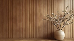 木质墙面旁的素雅花瓶插花