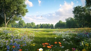 春日繁花绿野风光图