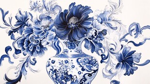 青花瓷瓶插繁花艺术图