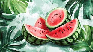 夏日清新西瓜与绿叶插画