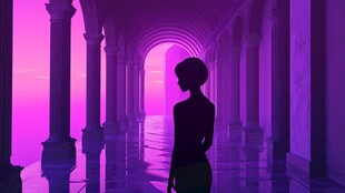 紫色长廊中的孤独女性剪影