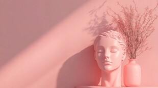 粉色系雕塑与花瓶艺术场景