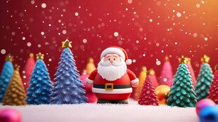 圣诞老人置身多彩圣诞树间