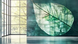 室内绿叶壁画与明亮窗景