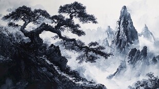 水墨黄山松景图