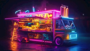 霓虹闪烁的炫酷街头餐车