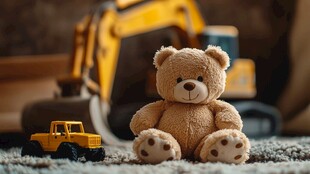 小熊与挖掘机玩具的温馨画面