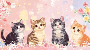 四只萌猫置身烂漫花丛中