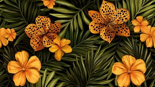 热带花卉与绿叶精美图案