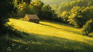 田园小屋 阳光下的静谧风景