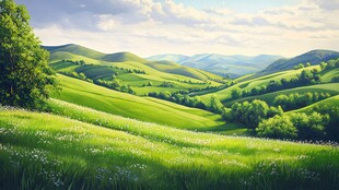 翠绿山野间的美丽田园风光