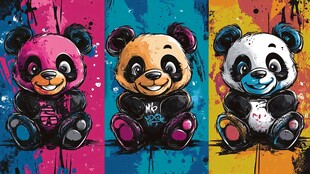 三只多彩卡通熊猫形象