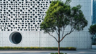 现代建筑旁的葱郁绿树