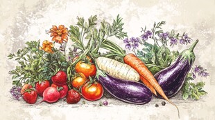 手绘多彩蔬菜与花卉组合