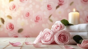 浪漫玫瑰烛光与叠放毛巾
