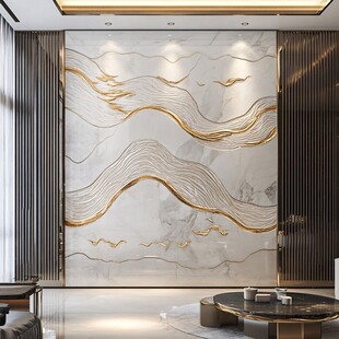 轻奢风金纹山水客厅背景墙
