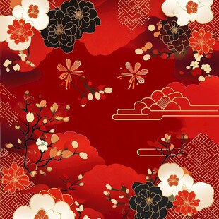 中式红底花卉云纹喜庆图案