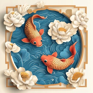 双鲤戏荷中式剪纸风图案