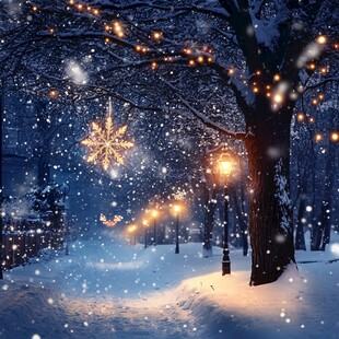 雪夜街景 灯光闪烁的梦幻冬景