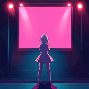 女孩立于舞台灯光之下