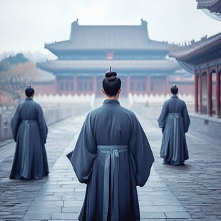 古装男子于古建筑前伫立