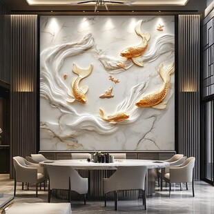 立体浮雕九鱼图餐厅背景墙
