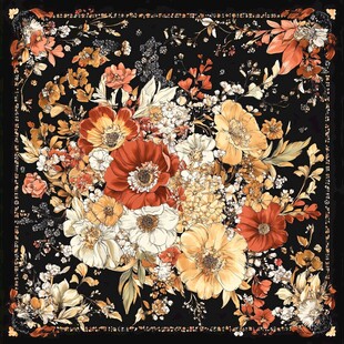 复古花卉图案黑色方巾