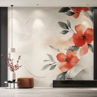 中式花卉壁画客厅装饰图