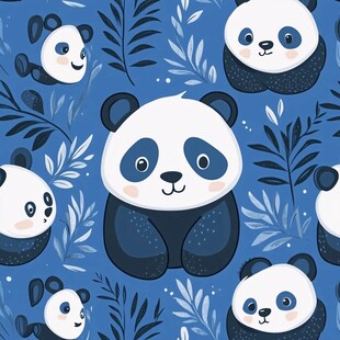 可爱熊猫与蓝底植物图案