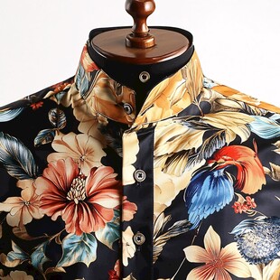 花色衬衫领口特写