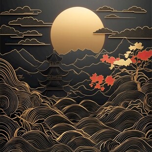 月夜山水间的中式诗意景致