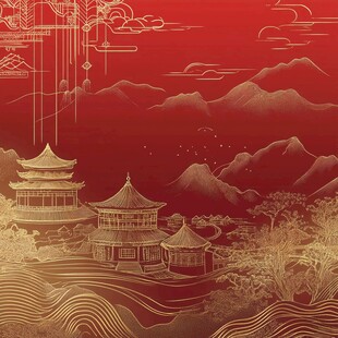 中式山水楼阁喜庆插画