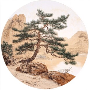圆形山水间的苍松图