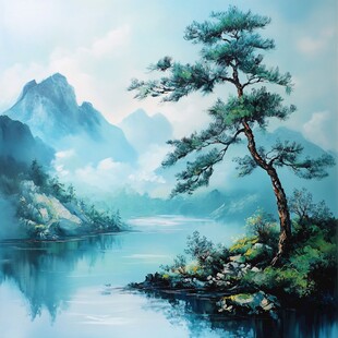 水墨山水间的孤松景致