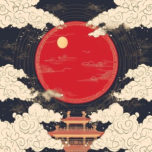 中式古韵月夜楼阁云海图