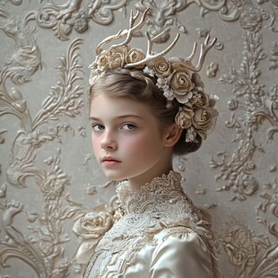 头戴花饰鹿角的古典少女