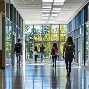 校园走廊上的学生背影