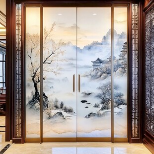 中式山水意境双开玻璃门